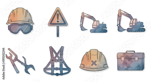 Watercolor Construction Icons Set: Hard Hat, Excavator, Safety Gear, Warning Sign, and Toolbox Stickers for Labor and Engineering Projects
