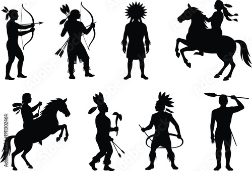 Native American warrior silhouettes set, tribal archers and horseback riders with traditional headdress and weapons, black vector illustration isolated on white background