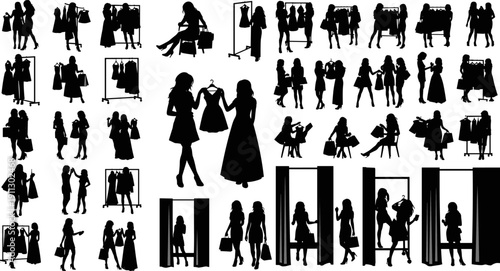 Women Shopping and Fashion Silhouette Set, Retail Store Fitting Room Isolated Flat Vector Art