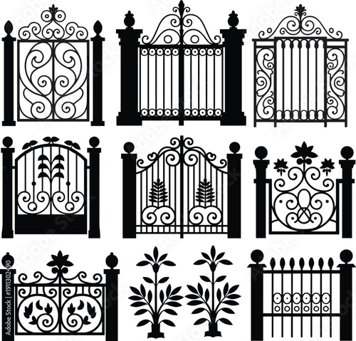 Ornamental wrought iron gate collection, decorative vintage metal fence vector illustration set with floral scrollwork architectural entrance designsOrnamental wrought iron gate collection, 