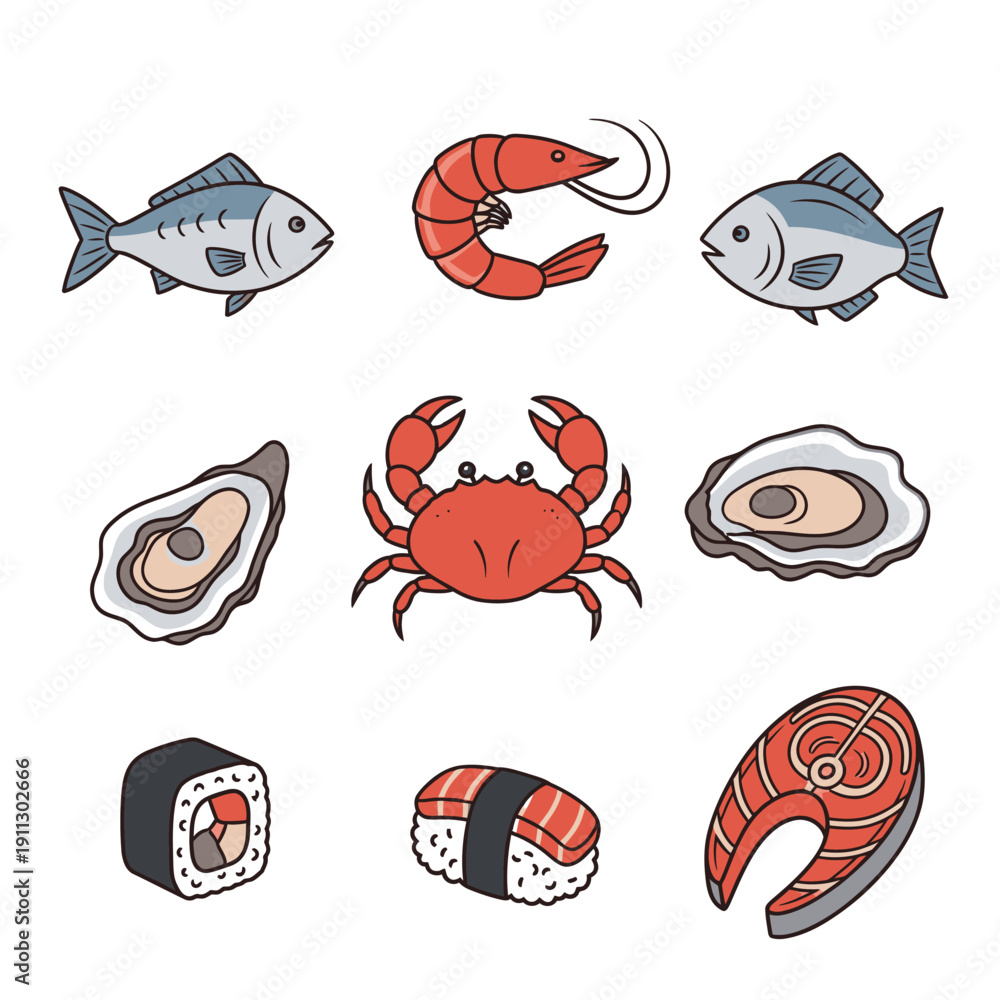 Obraz premium Assorted Seafood Illustrations Including Fish and Sushi.