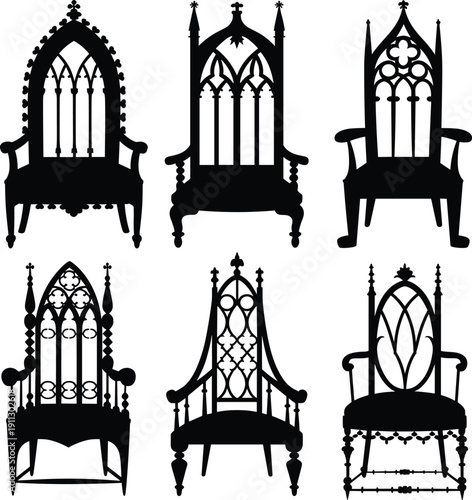 Ornate gothic throne chair silhouettes vector collection, medieval high back royal seating furniture isolated on white background for dramatic vintage interior design