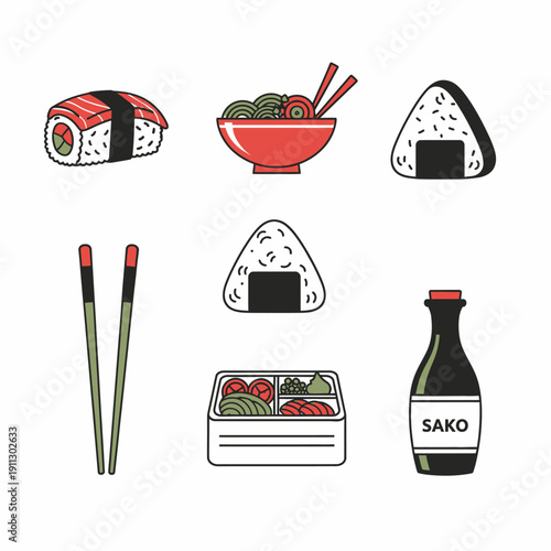 Sushi and Sake Japanese Cuisine Illustration.