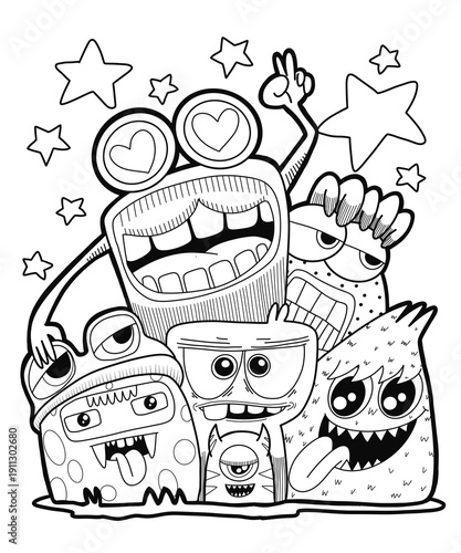 Hand-drawn illustrations, monsters doodle, Hand Drawn cartoon monster illustration,Cartoon crowd doodle hand-drawn Doodle style.black and white stripes coloring  book.