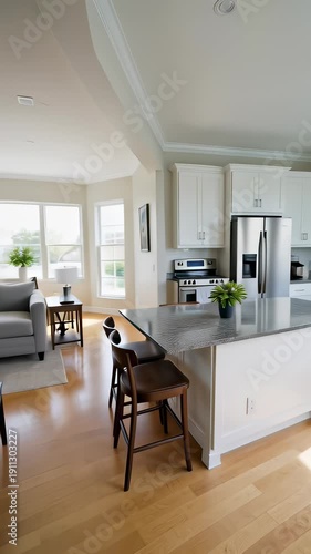 Smooth walkthrough inside a modern house interior showing a dining room and bright white kitchen with stainless steel appliances, illustrating real estate concepts.