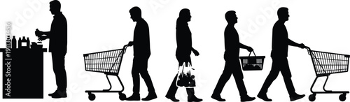 Shopping people silhouette collection, customers with carts, grocery store icons, retail buyer set, walking with baskets, supermarket consumer shapes, isolated, black.
