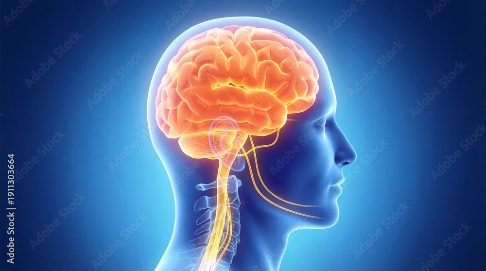 Obraz premium Glowing Detailed Human Brain Anatomy Illustration on Blue Background