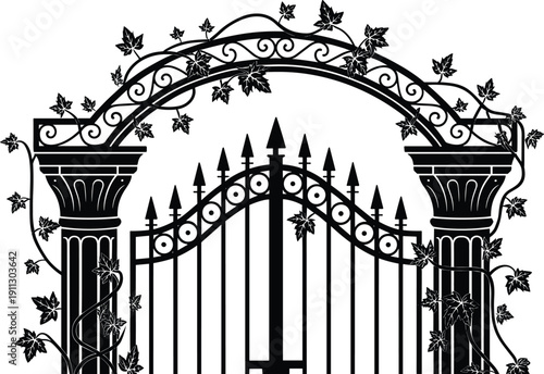 Ornate wrought iron gate silhouette with decorative arch and climbing vines, vintage garden entrance vector illustration isolated for architectural landscape design