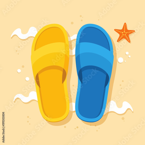 Beach sandals and starfish on sand