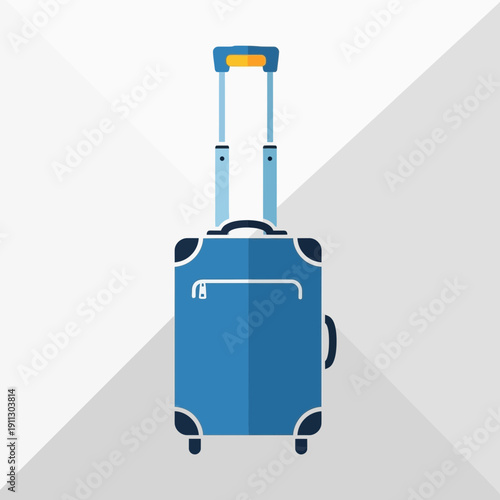 Blue rolling suitcase with telescopic handle on abstract background
