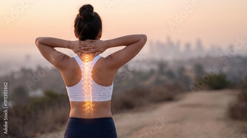 Conceptual Back View Woman Holding Neck Pain Spinal Problem