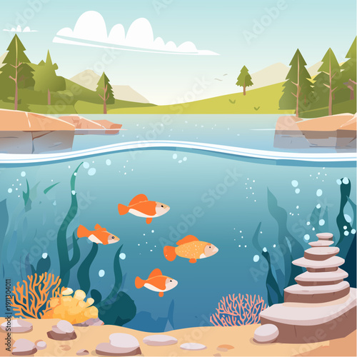 Vector illustration of a serene freshwater river ecosystem with coral-like stone formations and fish