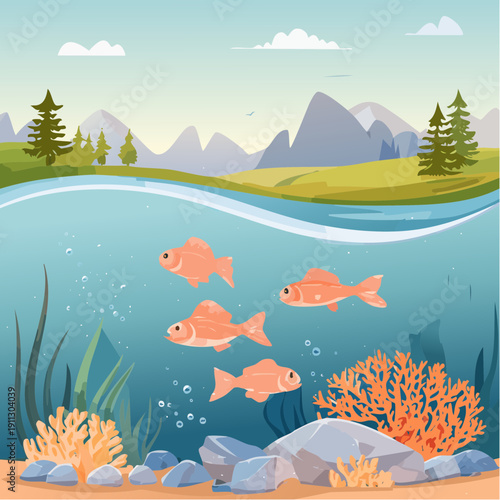 Educational vector illustration of freshwater biodiversity featuring fish, river stones, and aquatic plants in a serene river environment