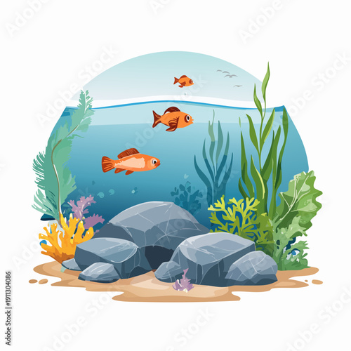 Cinematic view of freshwater river ecosystem with mossy rocks and fish swimming underwater