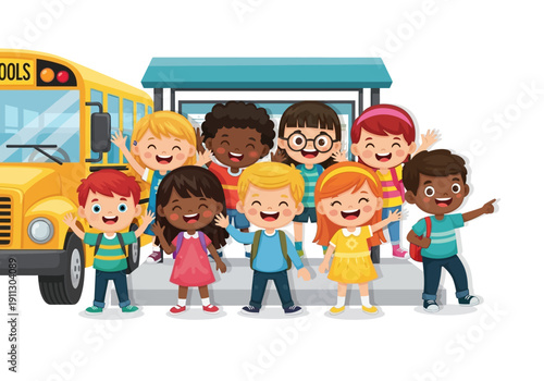 Diverse group of children boarding a bright yellow school bus outside