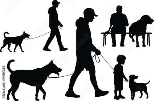 People walking dogs silhouettes collection, pet owners and family with domestic canine on leash, black vector illustration isolated on white background