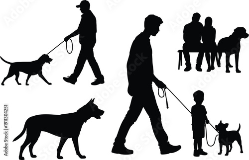 People walking dogs silhouettes collection, pet owners with leash and domestic canine figures, black vector illustration set isolated on white background