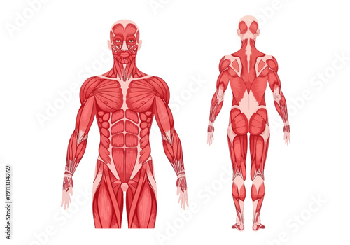 Anatomical illustration of the human muscular system front and back views.