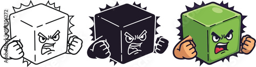 Angry cube character with fists clenched, symbolizing frustration, rage, or a difficult challenge.