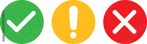 Green checkmark yes yellow question mark and red cross no symbols isolated on transparent background