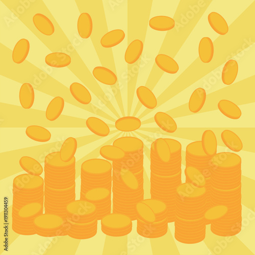 集中線を背景に降り注ぐ大量の金貨とコインの山