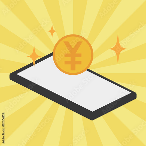 集中線背景とスマートフォン・日本円コインのキャッシュレスイメージ