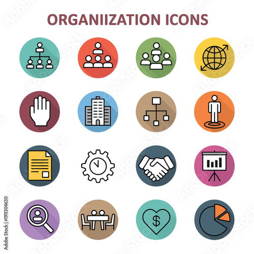 organization long shadow icons business structure vector set.