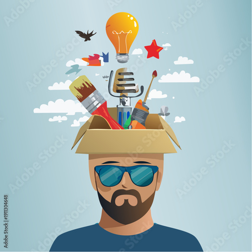 Man with a cardboard box on his head overflowing with creative tools and ideas, symbolizing imagination and diverse hobbies.