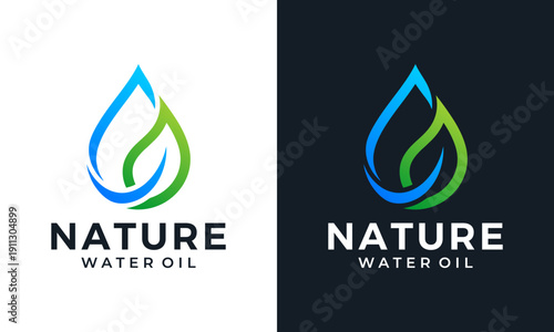 Simple leaf drop logo design template illustration. Abstract nature leaf with water oil drop design vector icon symbol