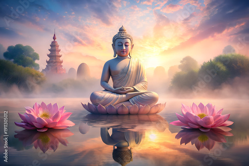 Serene Buddha meditating in lotus pose on water, sunrise, pink lotuses, soft light, temple background