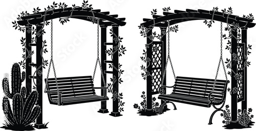Decorative garden pergola with hanging swing bench and climbing vines, outdoor relaxation structure with floral elements for landscaping and architectural design