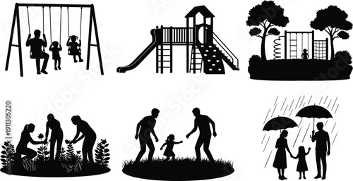 Family playground silhouette collection, kids on swings, slide, park activities, gardening together, walking in rain with umbrellas, outdoor childhood, isolated.