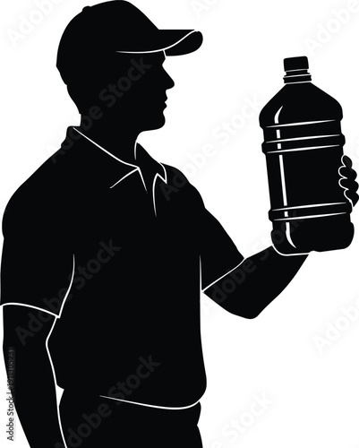 Delivery worker holding bottle silhouette, courier inspecting product, logistics service concept, distribution industry, professional handler, black white vector illustration