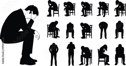 Depressed man silhouette collection, mental health emotions, sadness, stress, anxiety poses, psychological concept illustration isolated on white background