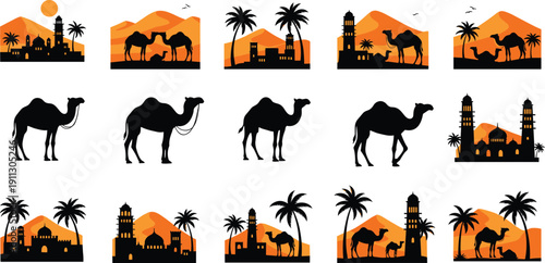 Desert camel silhouette illustration set, Arabian landscape with mosque, palm trees and dunes, Islamic culture sunset icons collection