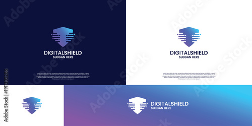Futuristic shield data security logo design. Pixel shield symbol for business technology
