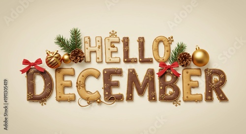 Hello December Lettering with Christmas Decoration