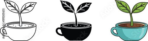 Two green leaves sprouting from a coffee cup filled with soil, symbolizing growth, new beginnings, or sustainable coffee farming.