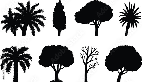Tree silhouette bundle collection, tropical palm and deciduous forest trees vector illustration set isolated black botanical nature shapes on white background