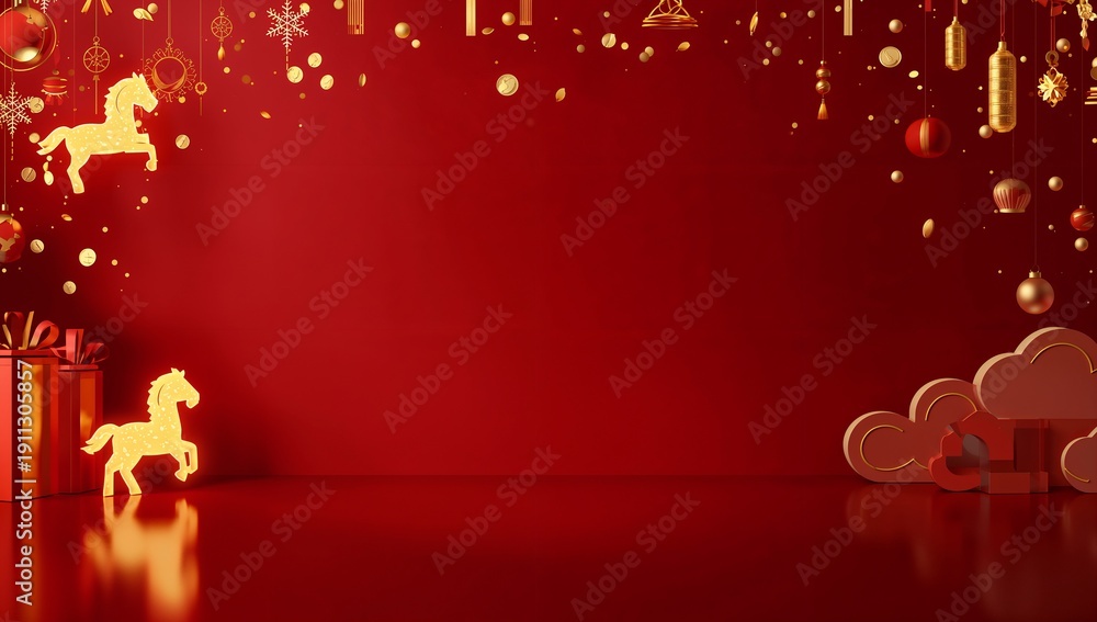 Naklejka premium Luxury 3D Gold Fire Horse Chinese New Year Background with Red Gradient