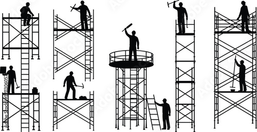Construction worker scaffolding silhouettes set, builders working at height, industrial labor safety concept, building maintenance and repair illustration