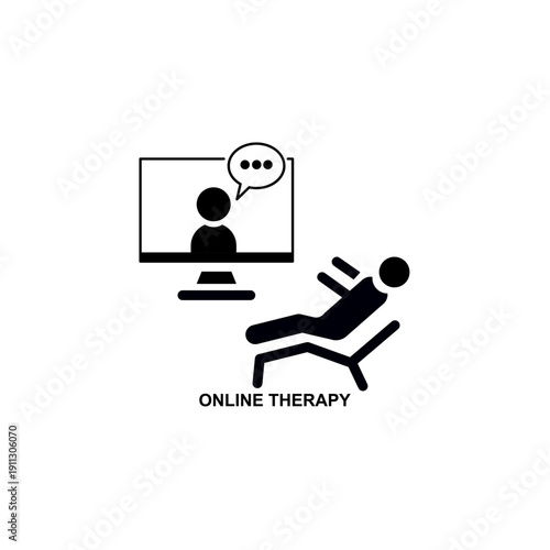 Black white vector icon online therapy couch computer monitor speech bubble mental health support