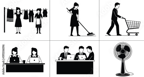 Daily life activity icons showing house chores, office teamwork, shopping, cleaning, laundry tasks and household fan in simple black silhouette design