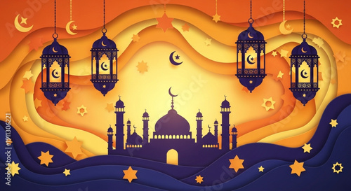 Celebrating Ramadan with mosque silhouettes and lanterns against a vibrant orange sunset background, viewed from afar, amidst stars and crescent moons.