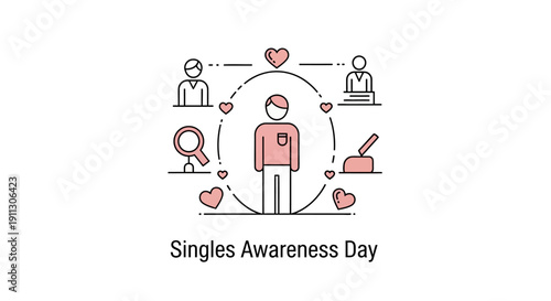 A minimalist illustration celebrating Singles Awareness Day with a central figure surrounded by icons representing self love, empowerment, and independence on a clean white background.