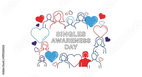A colorful illustration celebrating Singles Awareness Day with people icons and hearts on a white background, conveying empowerment and independence.