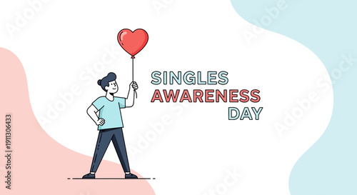 A cheerful cartoon man holding a heart-shaped balloon on Singles Awareness Day with a playful and carefree mood against a colorful abstract background.