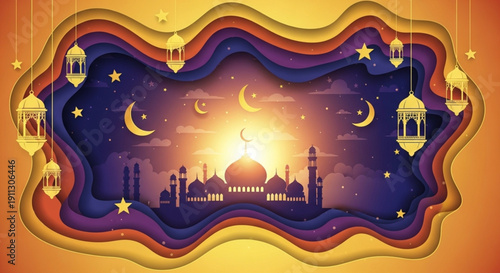 Nighttime view of a mosque silhouette surrounded by crescent moons and stars in a vibrant, celestial environment.