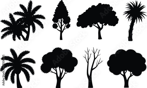 Tree silhouette set collection, tropical palm and deciduous forest trees vector illustration bundle isolated black botanical shapes for landscape design