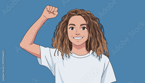 A person with curly hair smiles and raises a fist in the air. The background is blue with no other details. The person wears a white shirt.